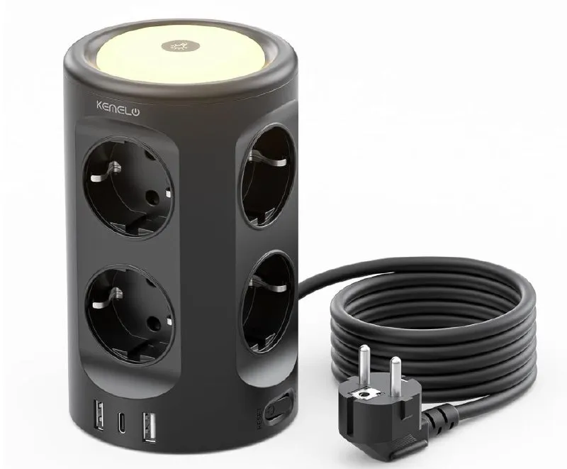 Regleta Torre Vertical con 8 Tomas AC y 3 USB, Cable 2 Metros