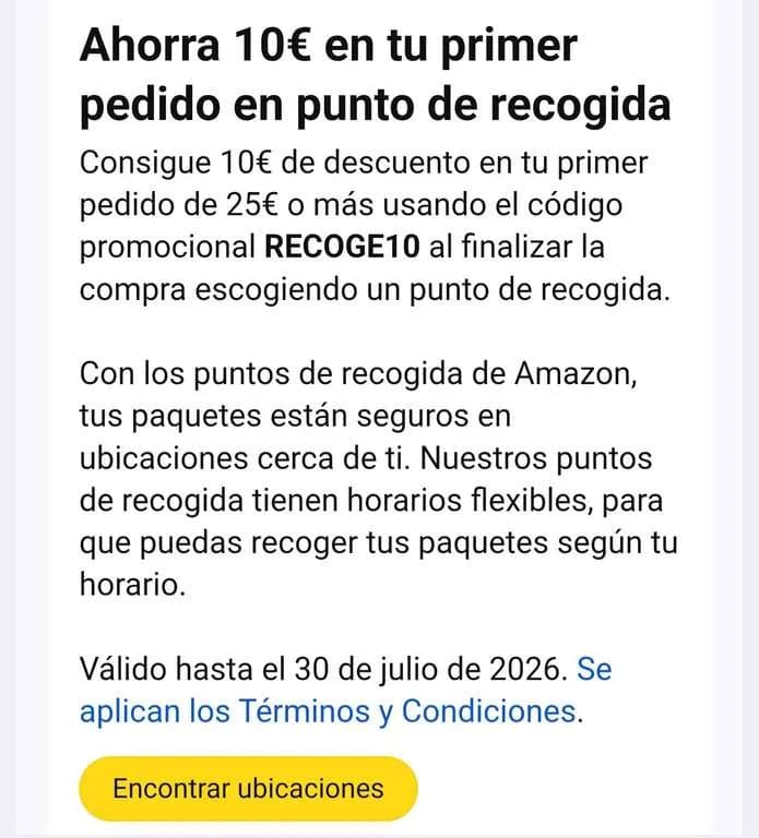 Descuento de 10€ al gastar 25€ en Amazon con entrega en punto de recogida (cuentas seleccionadas)