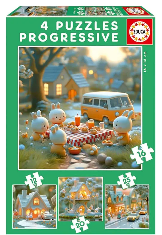 Educa Set 4 Puzzles Infantiles Progresivos (12-25 Piezas) Ciudad de Conejito