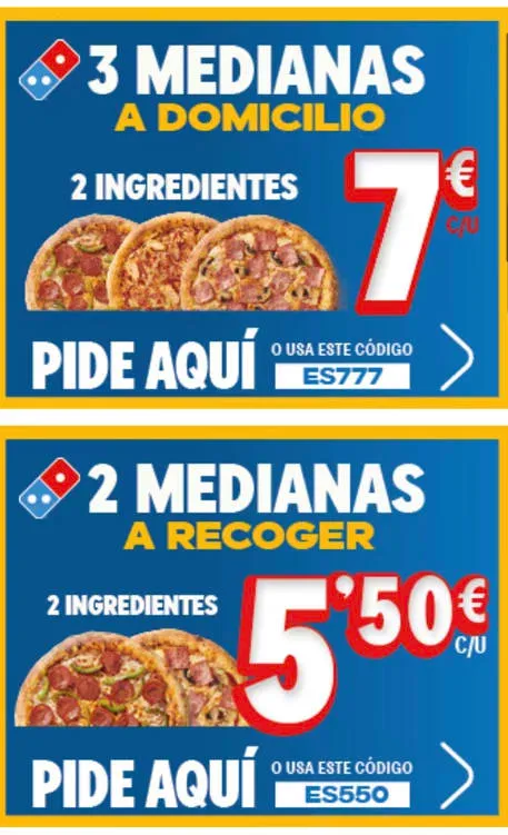 2 Pizzas Medianas para Recoger por 5,50€ / 3 Medianas a Domicilio por 7€