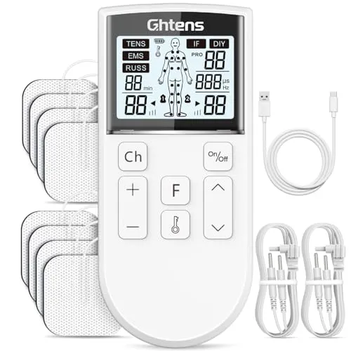 GHTENS Electroestimulador Muscular 5 en 1 Profesional - TENS/EMS, Recargable, 80 Modos, 2 Canales, Blanco