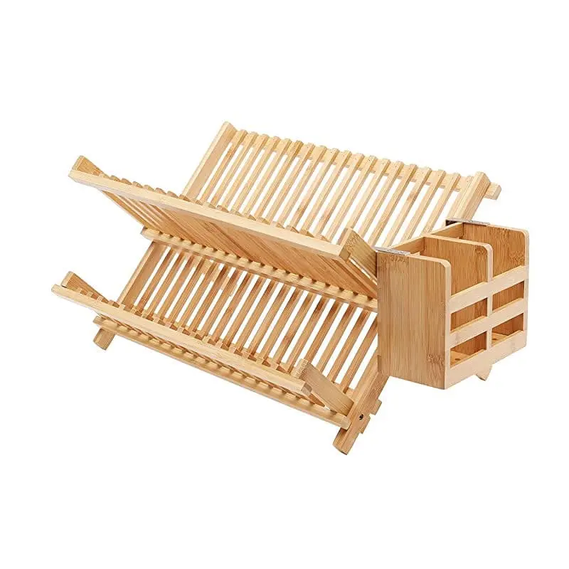 Escurreplatos de bambú con soporte para utensilios y 2 niveles