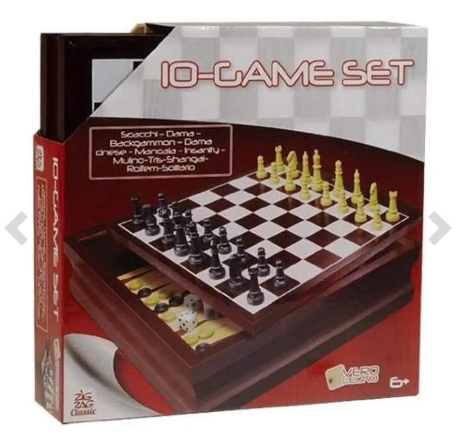 Estuche de madera con 10 juegos de mesa clásicos