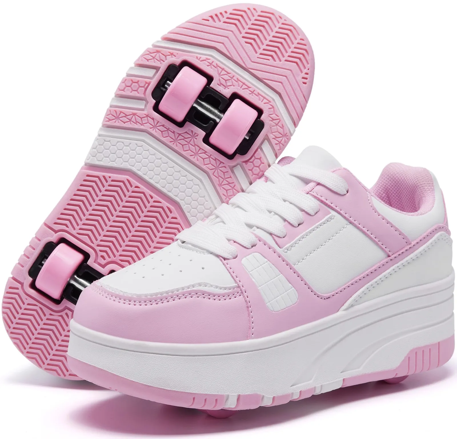 Zapatillas de patinaje ANEFUN con ruedas desmontables para niños y niñas, Rosa-blanco 1135, talla 12 Little Kid