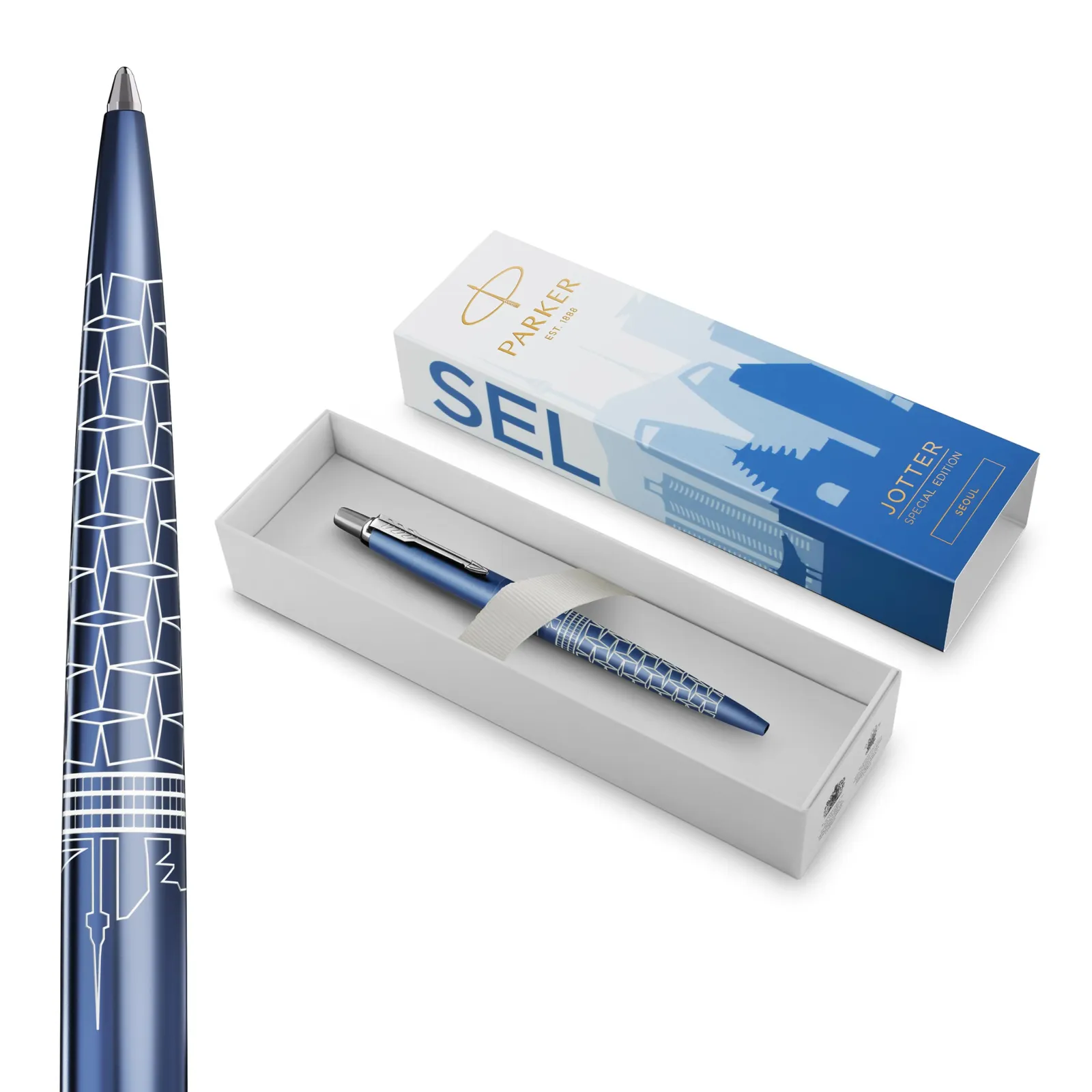 Parker Jotter Bolígrafo Edición Especial Seúl Azul Cromado Punta Media Tinta Azul Estuche Regalo