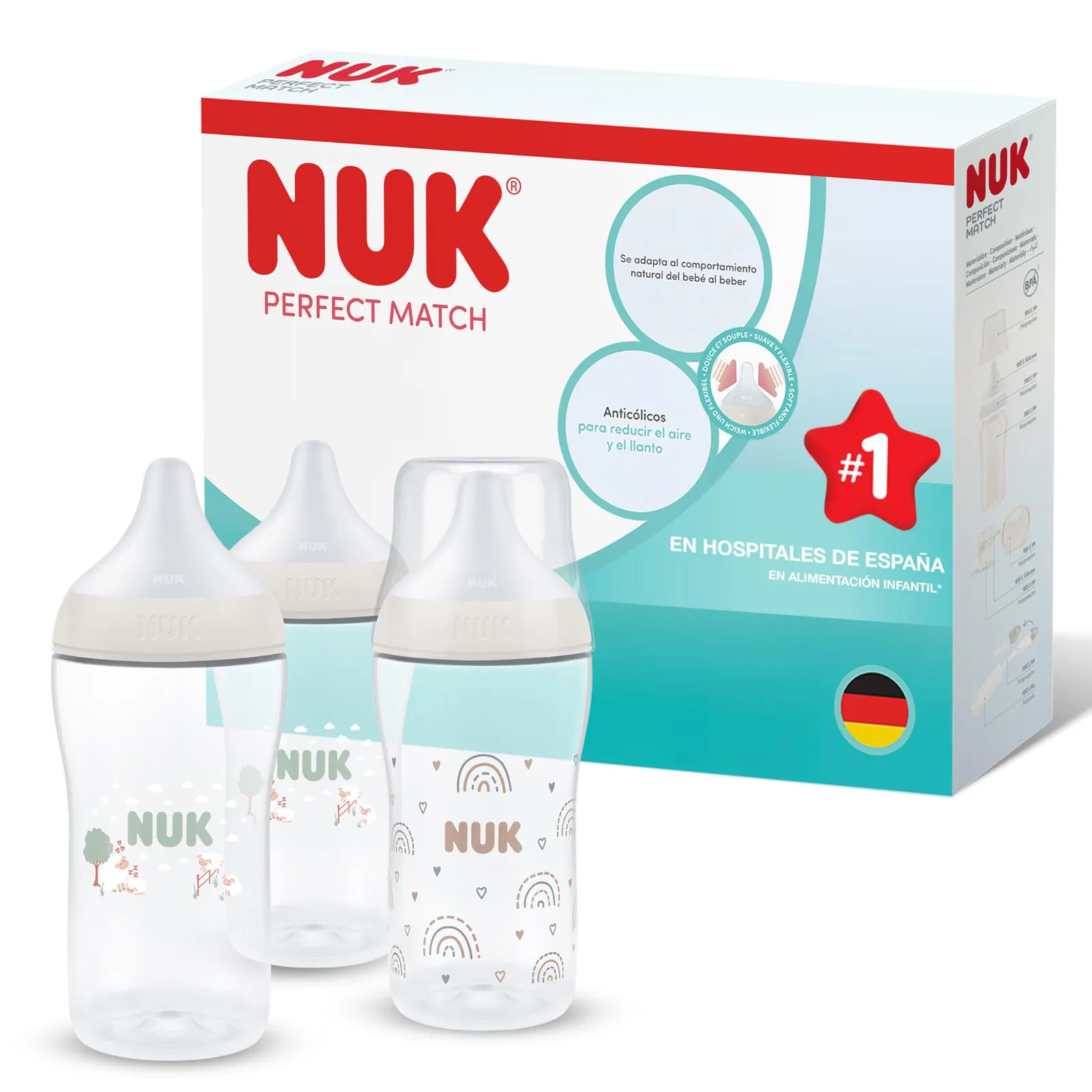 Pack 3 Biberones NUK Perfect Match, 260ml, 3+ meses, Anticólicos, Control Temperatura