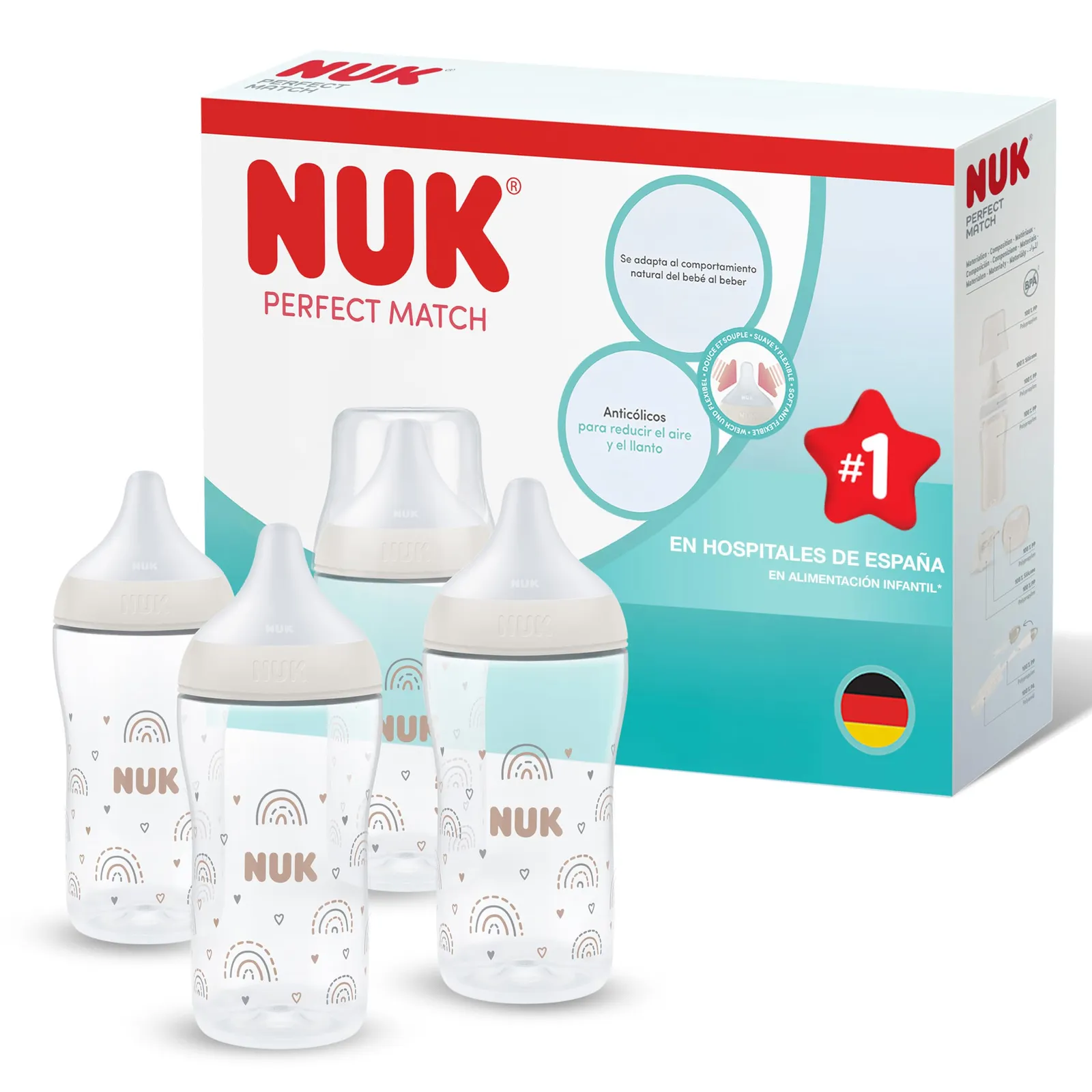 Pack 4 Biberones NUK Perfect Match 260 ml, 3+ meses, anticólicos, con indicador de temperatura