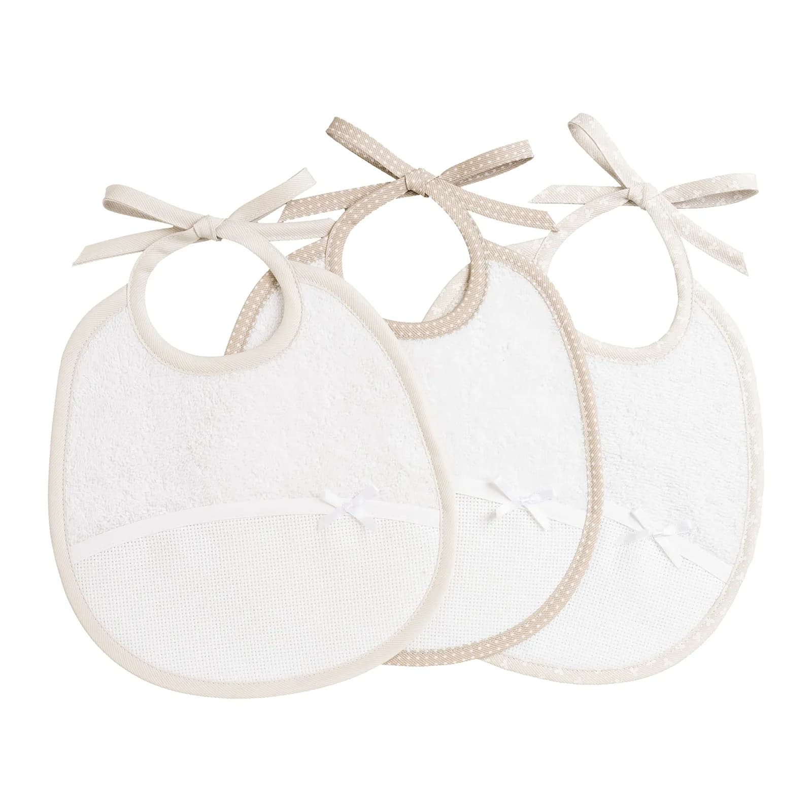 Set 3 Baberos Bebé Filet Algodón con Bolsillo Aida para Bordar - Blanco/Beige