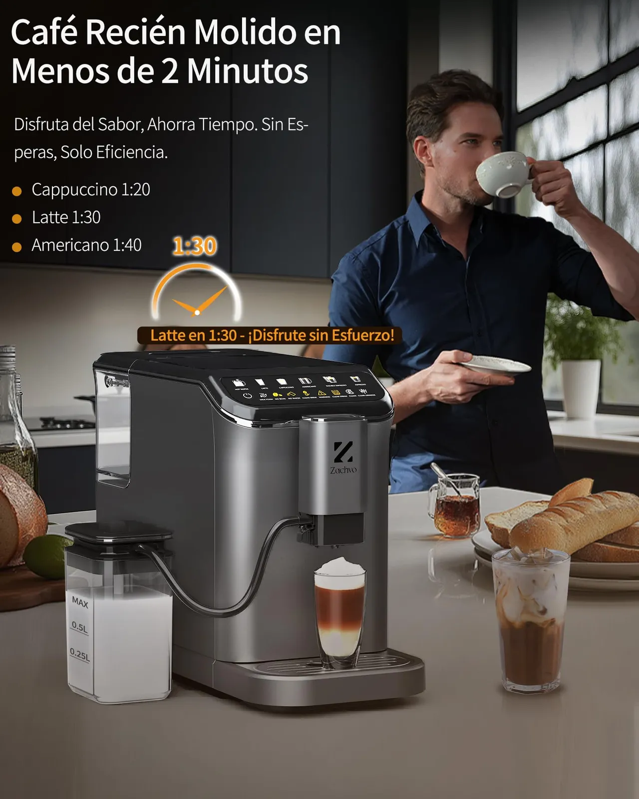 ZACHVO Cafetera Superautomática: 20 Bares, 7 Bebidas, Doble Caldera, Pantalla Táctil