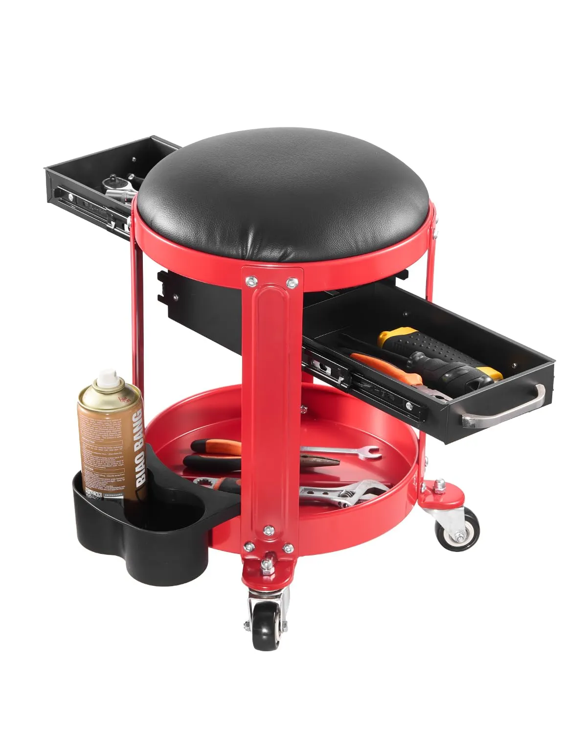 Taburete Mecánico VEVOR con Ruedas, Carga 136 kg, Asiento Garaje con Bandeja Herramientas y 2 Cajones, Altura Fija, Rojo/Negro