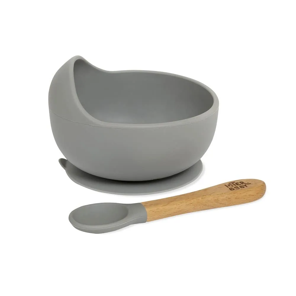 Interbaby Bol Bebé Ventosa Silicona con Cuchara de Aprendizaje | Antivuelco y Antideslizante | Gris Petroleo