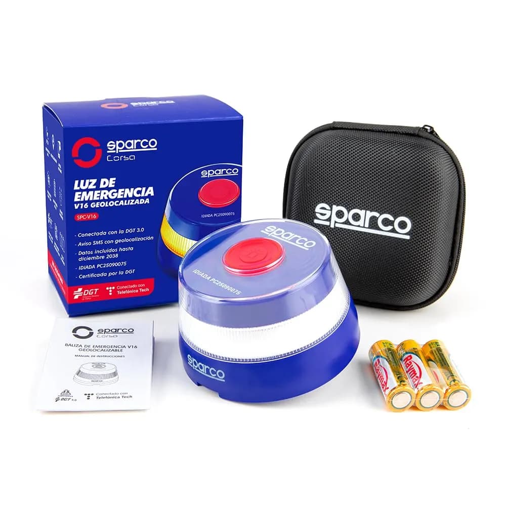 Sparco Luz Emergencia Coche V16 DGT 3.0 Geolocalización SIM Datos Incluidos hasta 2038 + Estuche