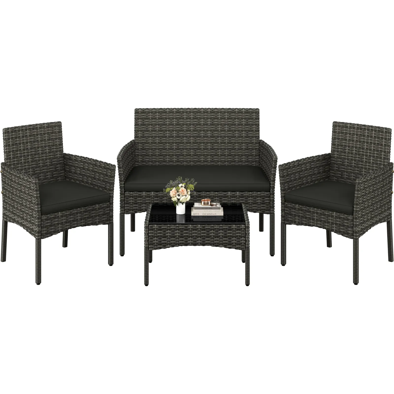 Yaheetech Conjunto Muebles Exterior Ratán 4 Piezas: Sofá, 2 Sillas, Mesa y Cojines Gris