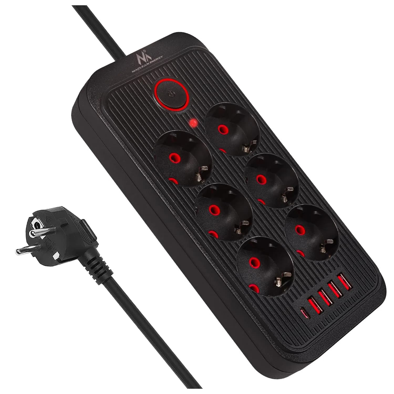Maclean MCE389/391: Regleta 6 enchufes, 4 USB, 1 USB-C, 2500W, cable 3m, interruptor, montaje pared