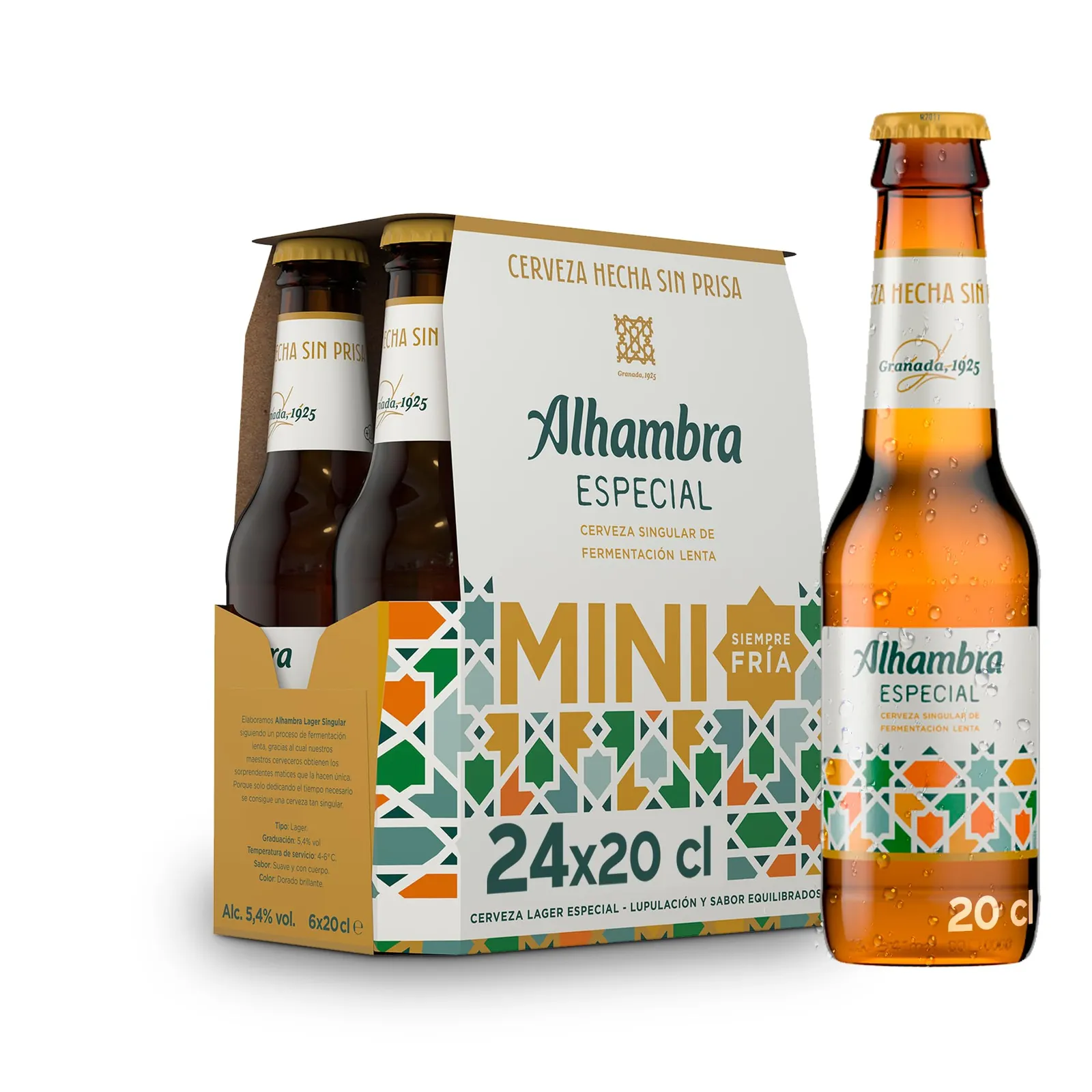 Alhambra Especial MINI Pack 24 Botellas 20 cl Cerveza Especial Fermentación Lenta 5.4% Alc.