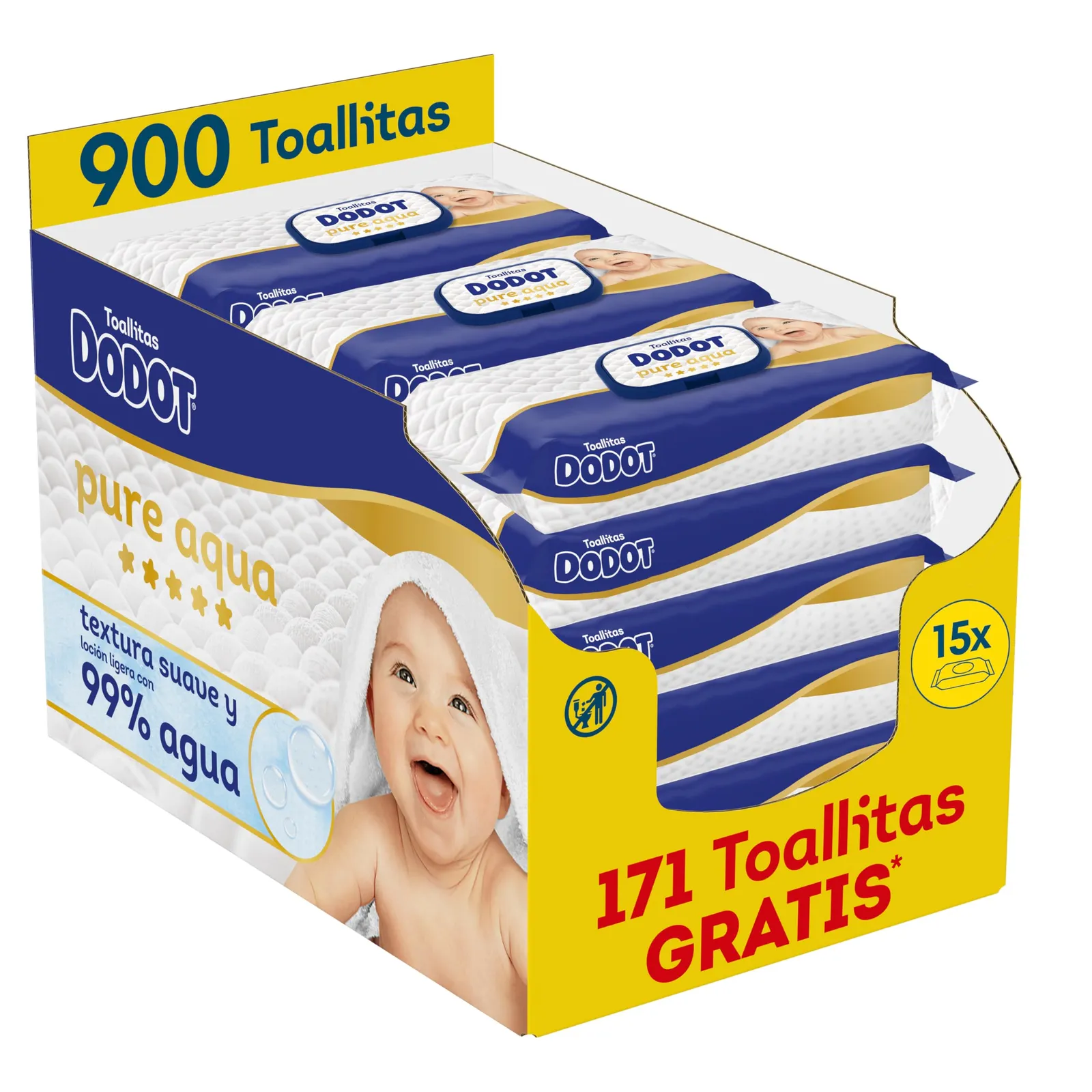 Dodot Pure Aqua Toallitas para bebé, 900 unidades (15x60)