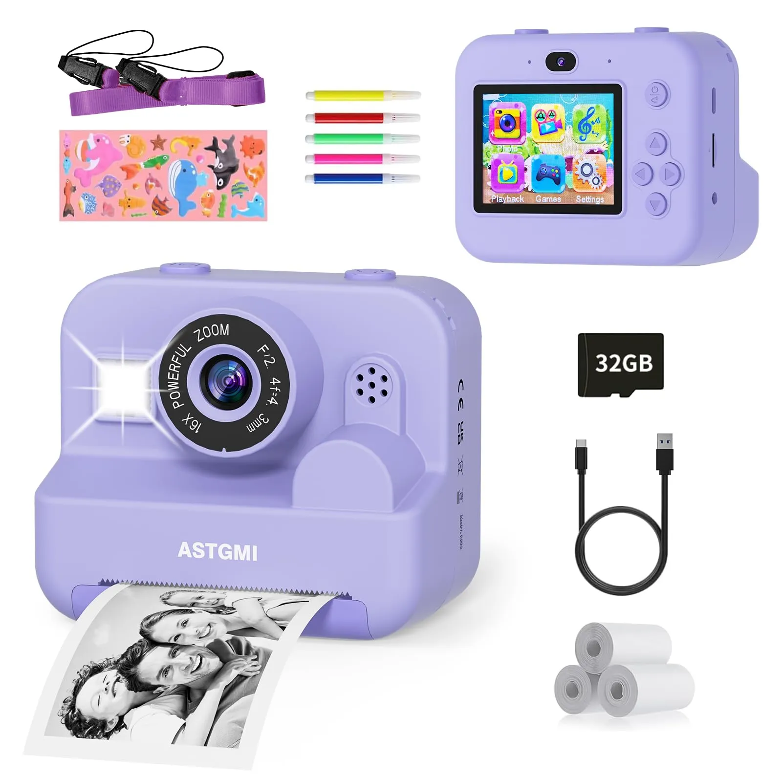 Cámara Instantánea Infantil ASTGMI Púrpura - Pantalla 2.4", Papel Incluido, Tarjeta 32GB, Selfie y Video