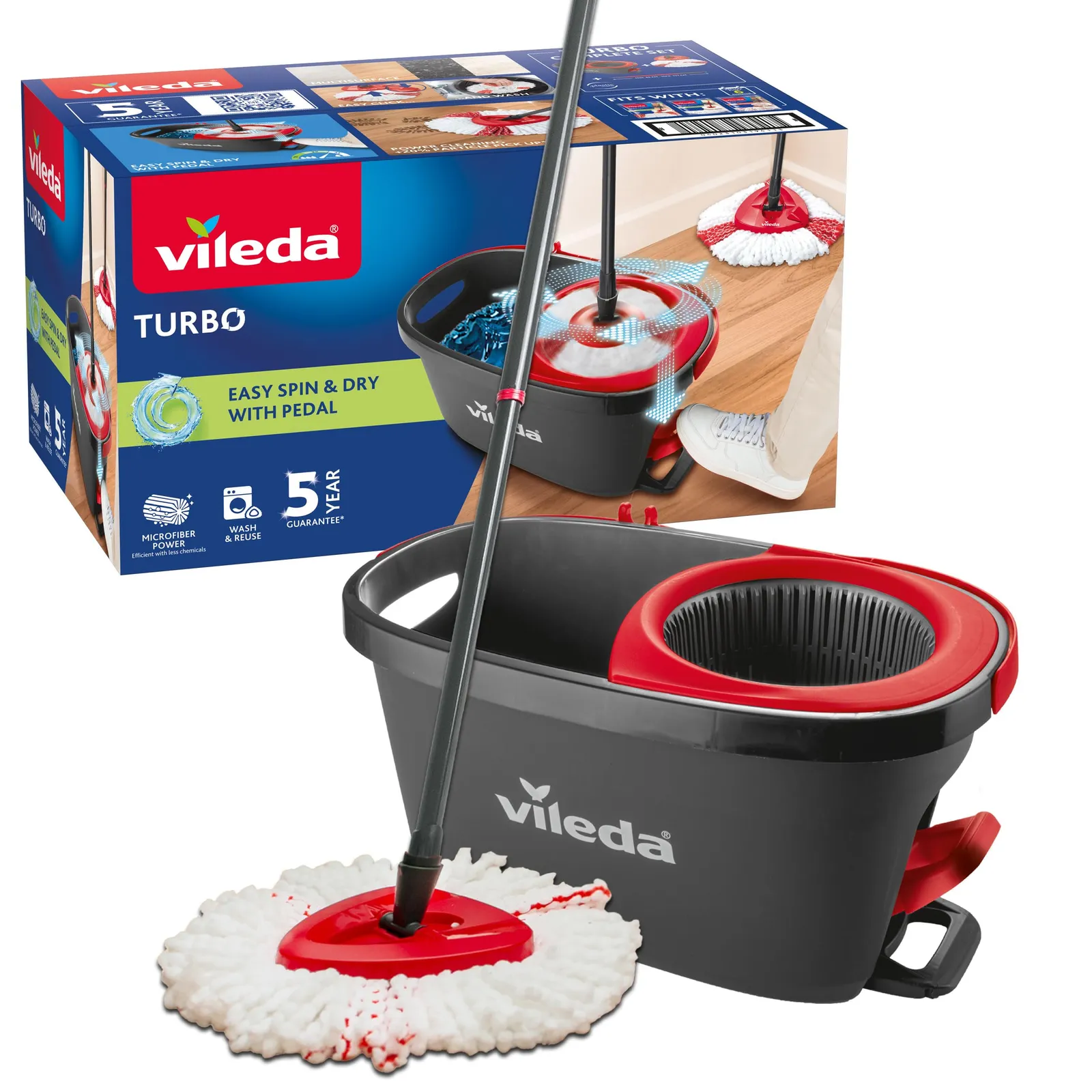 Vileda Turbo Set Fregona Cubo Escurridor Giratorio Pedal Palo Telescopico Recambio Microfibra