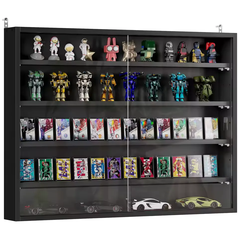 Vitrina de Pared Negra 80x9.5x60 cm con 2 Puertas y Estantes Ajustables
