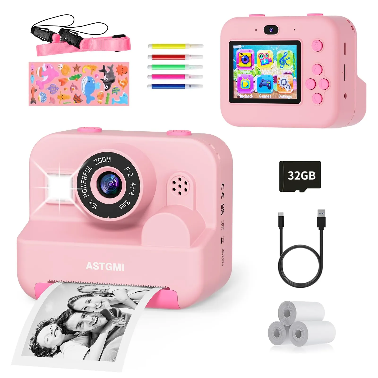 Cámara instantánea Astgmi Rosa: Pantalla 2.4", Impresión, Tarjeta 32GB, Selfie y Vídeo. Regalo Infantil 3-14 años.