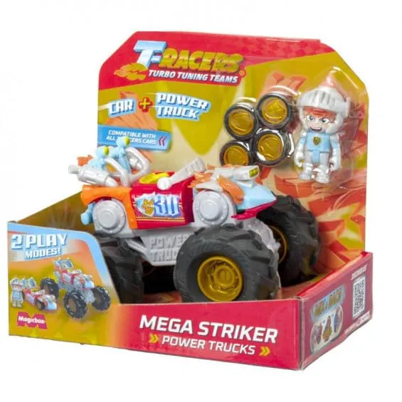 T-Racers Power Truck Mega Striker: Vehículo Grande con Piloto y Coche Exclusivos