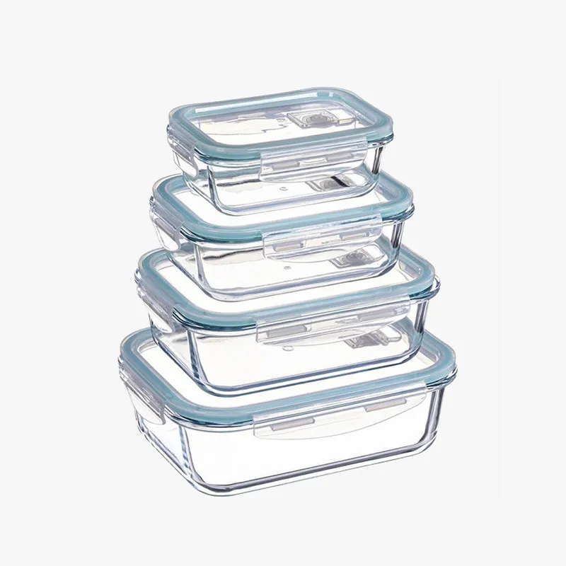 Set 4 Fiambreras Vidrio Borosilicato Rectangulares (370ml a 1.5L) Tapas Herméticas
