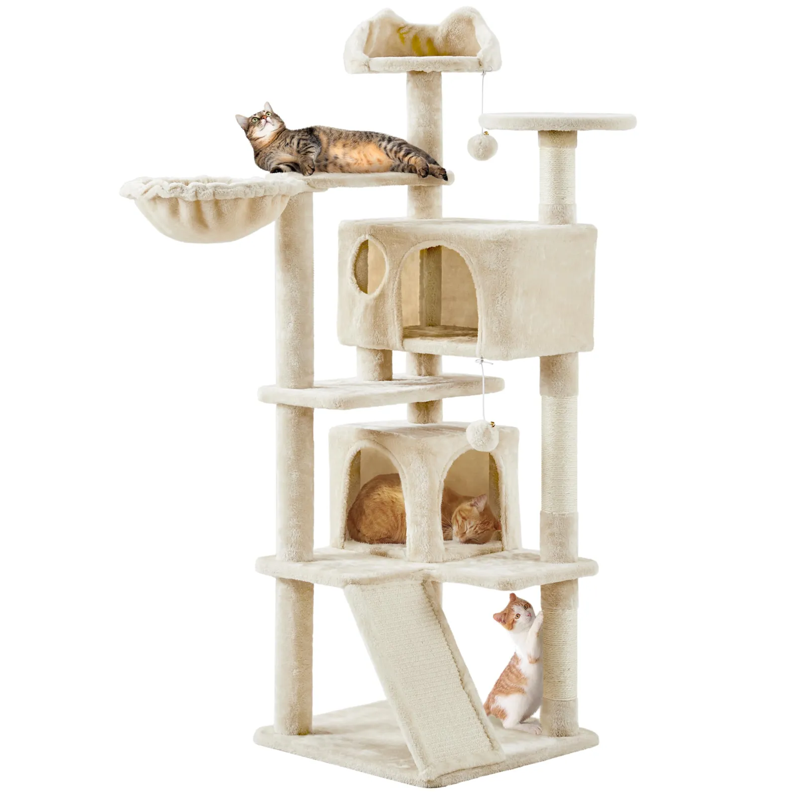 Yaheetech Árbol Rascador para Gatos 146 cm con Cesta y Escondites - Beige