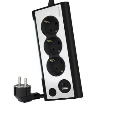 Regleta Nanocable con 3 Tomas, USB-A, USB-C y Luz - Negra