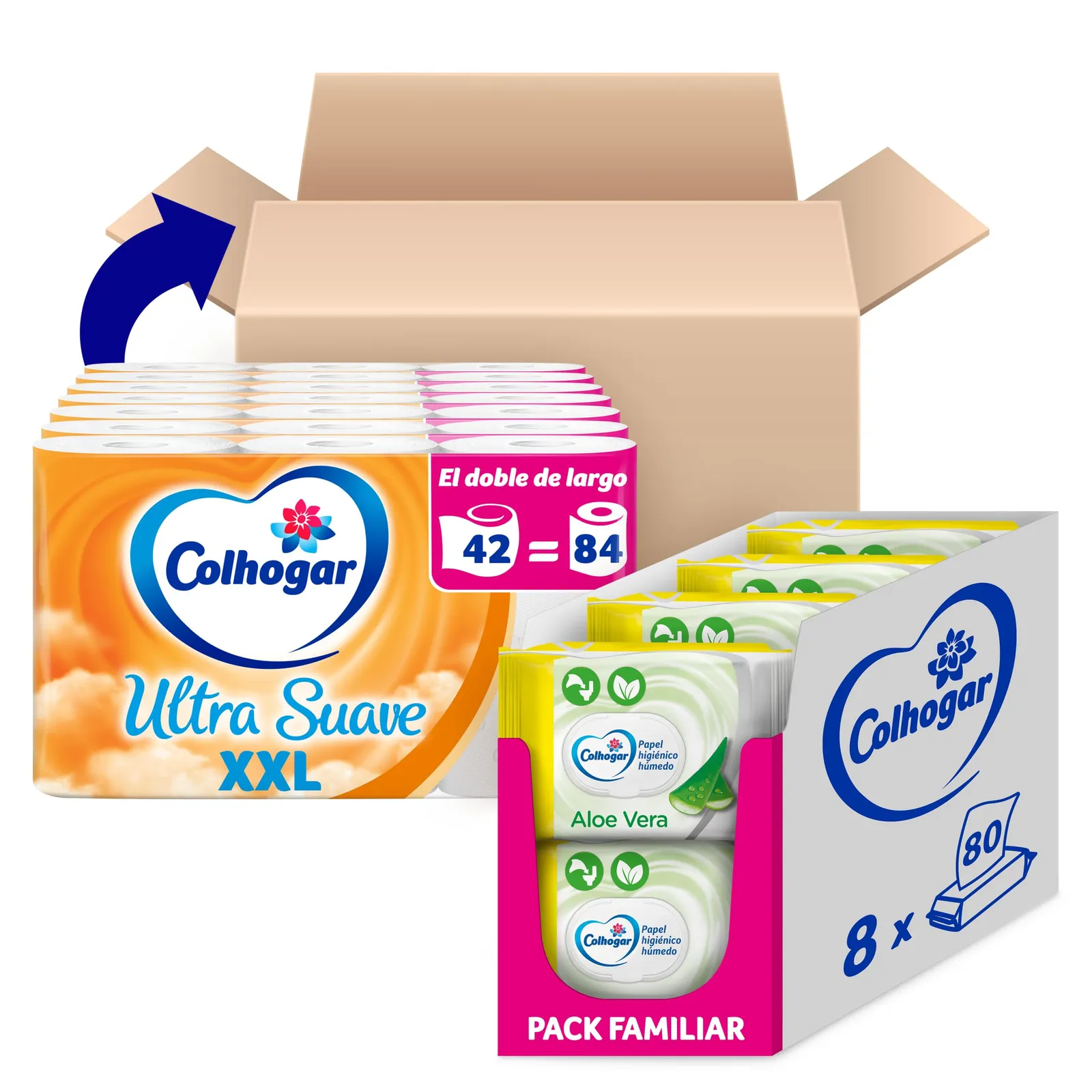 Pack Colhogar Ultra Suave: 42 Rollos XXL y 640 Toallitas Aloe Vera
