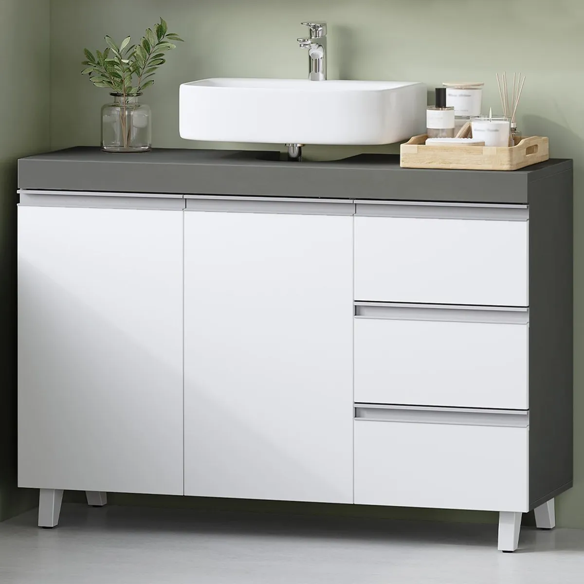 Mueble Bajo Lavabo Blanco/Gris 30x90x64cm, 3 Cajones, 2 Puertas, con Pies