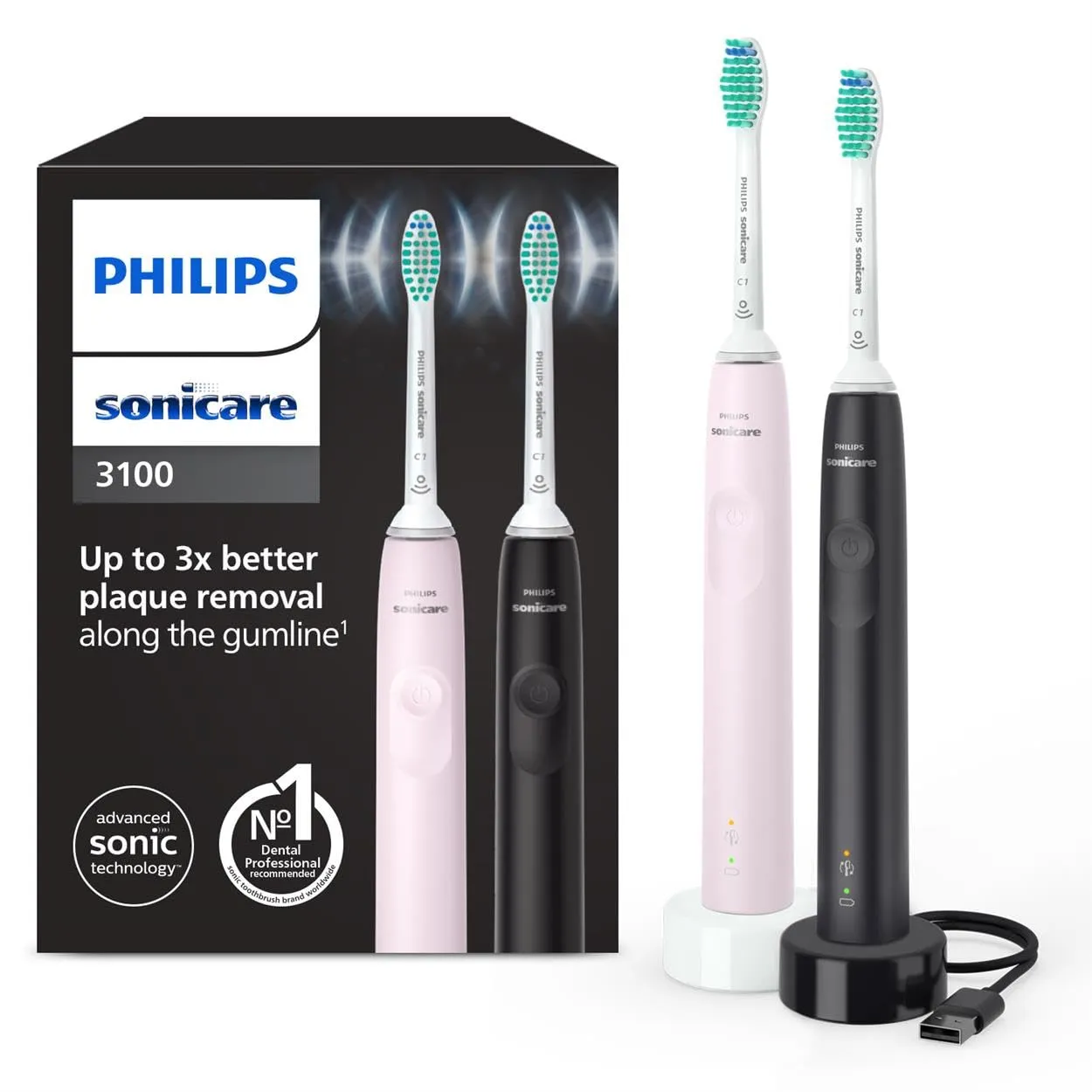 Pack Doble Cepillos Dentales Eléctricos Philips Sonicare 3100 Rosa/Negro HX3675/15