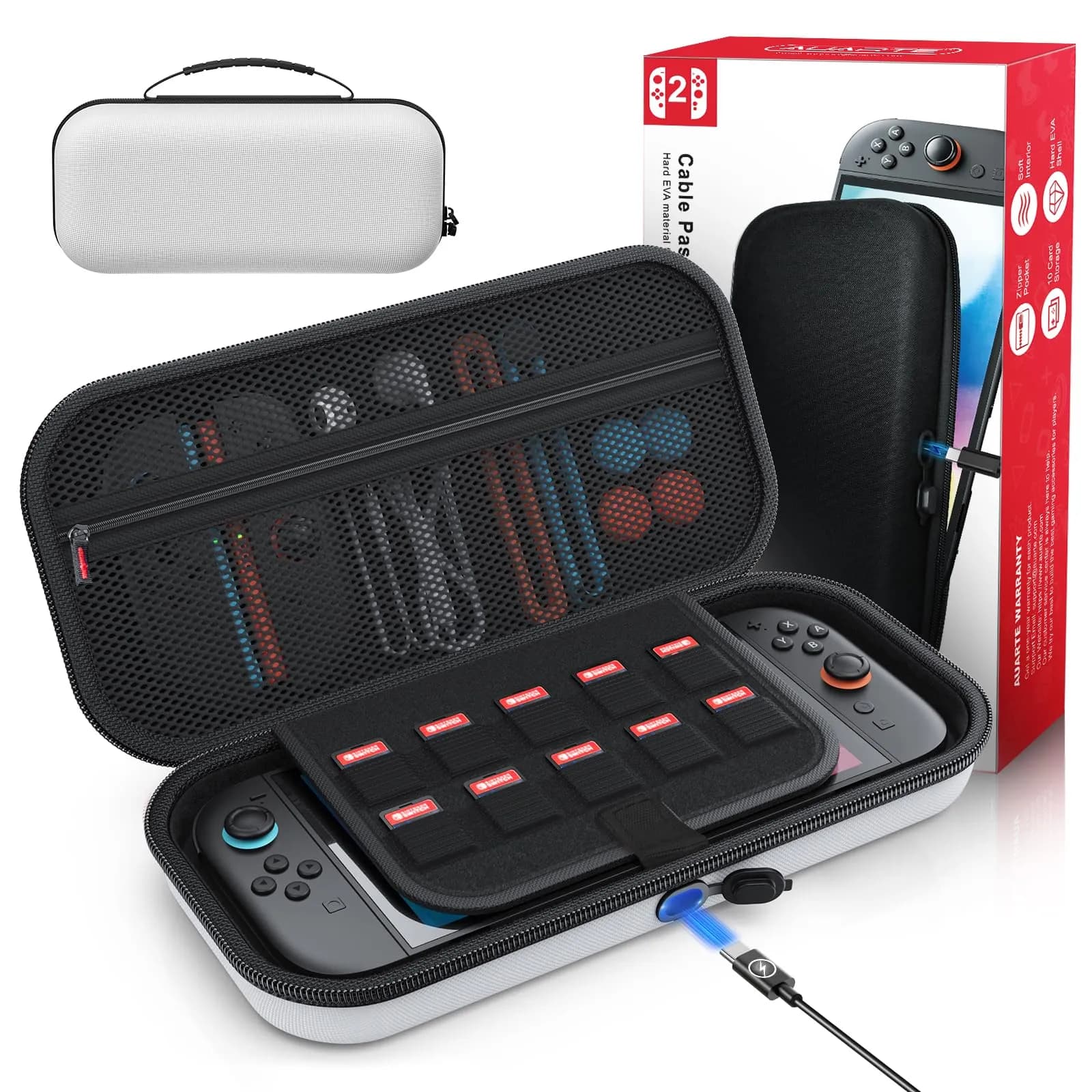 Funda de transporte para Nintendo Switch 2 (2025) con orificio de carga y 10 cartuchos