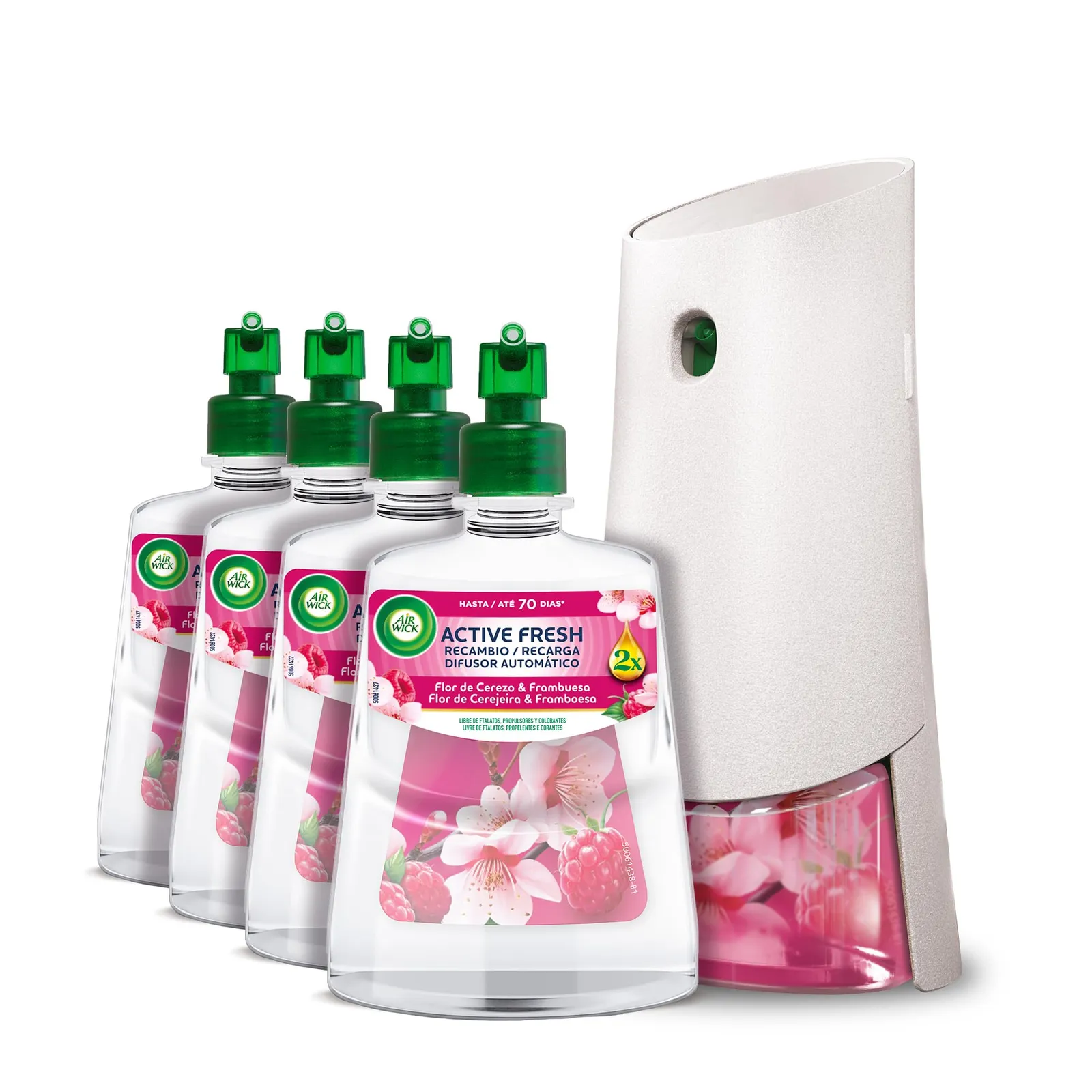 Pack Air Wick Active Fresh: Difusor Flor de Cerezo y Frambuesa + 4 Recambios