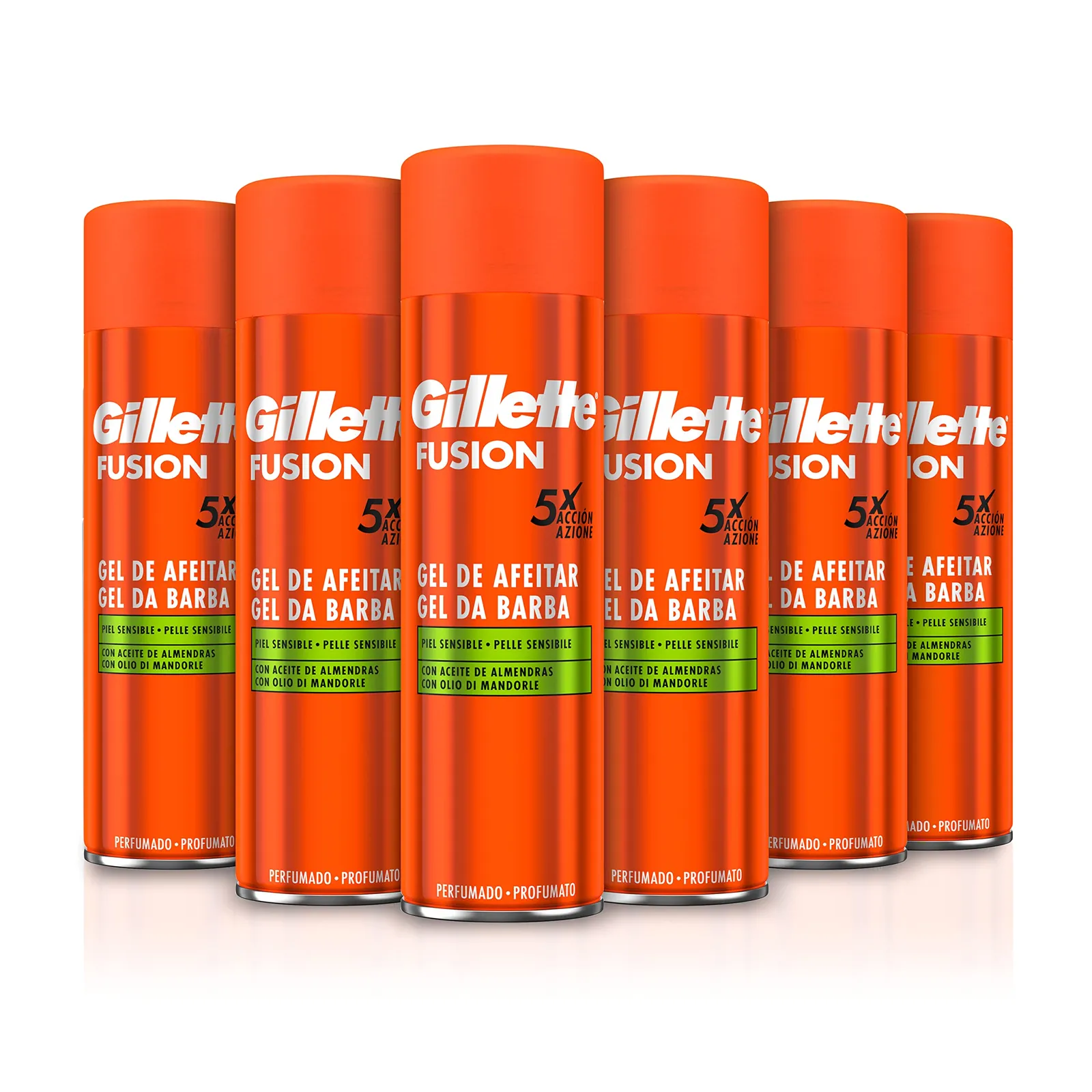 Gillette Fusion Gel Afeitar Piel Sensible x 5 Pack 6x200ml con Aceite Almendras