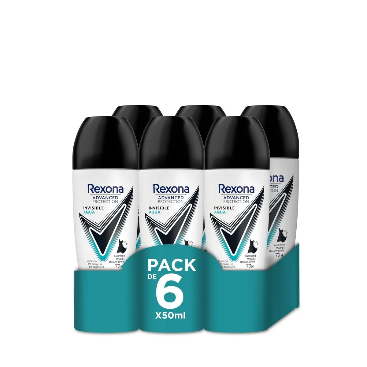 Rexona Advanced Protection Desodorante Antitranspirante Roll-On Mujer Invisible Aqua 72h 50ml Pack x6