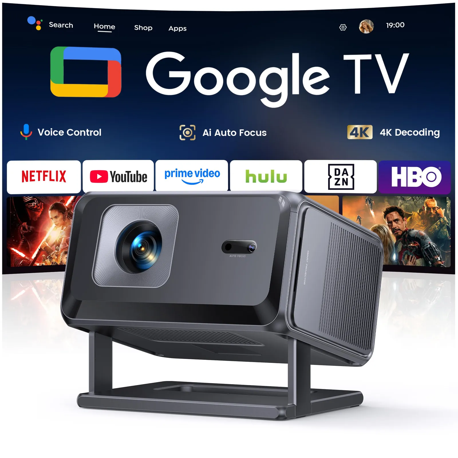 Proyector 4K con Google TV, WiFi 6 y Bluetooth, enfoque y corrección automática