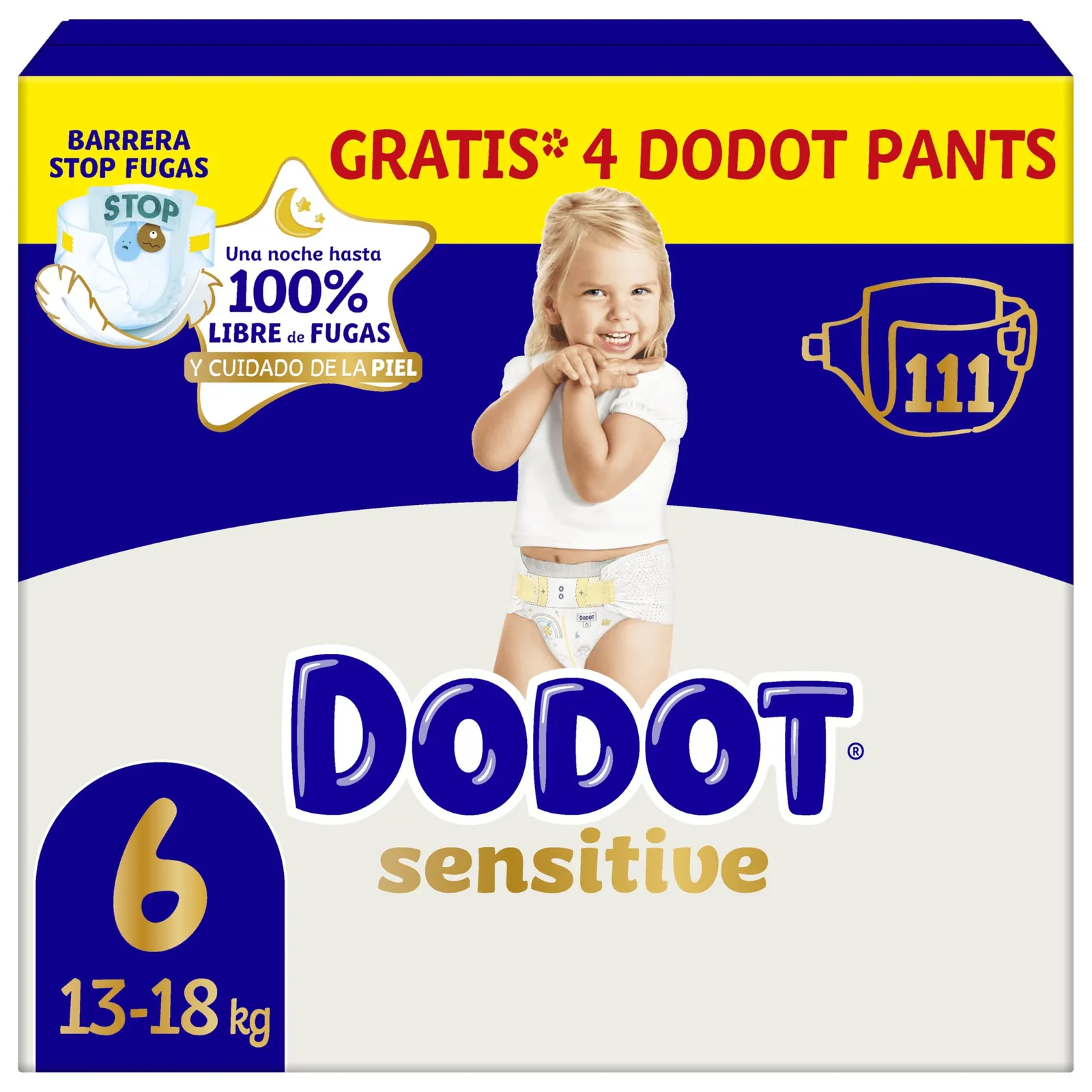 Dodot Pañales Bebé Sensitive Talla 6 (+13 kg): 111 Pañales + 4 Pants Gratis