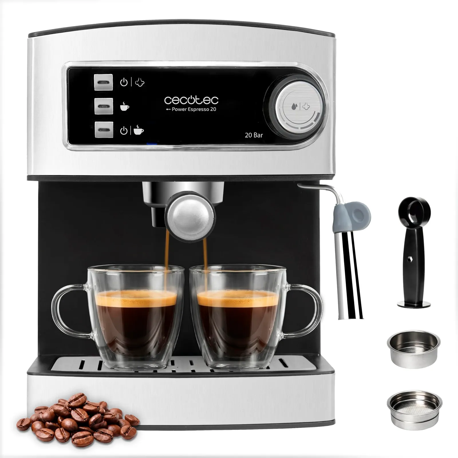 Cafetera Express Cecotec Power Espresso 20 Elite: 850W, 20 Bares, Depósito 1,5L, Acero Inoxidable