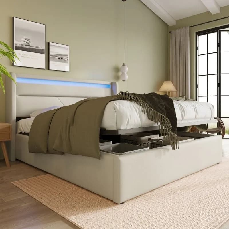 Cama doble hidráulica tapizada blanca 140x200 cm con LED y mando (sin colchón)