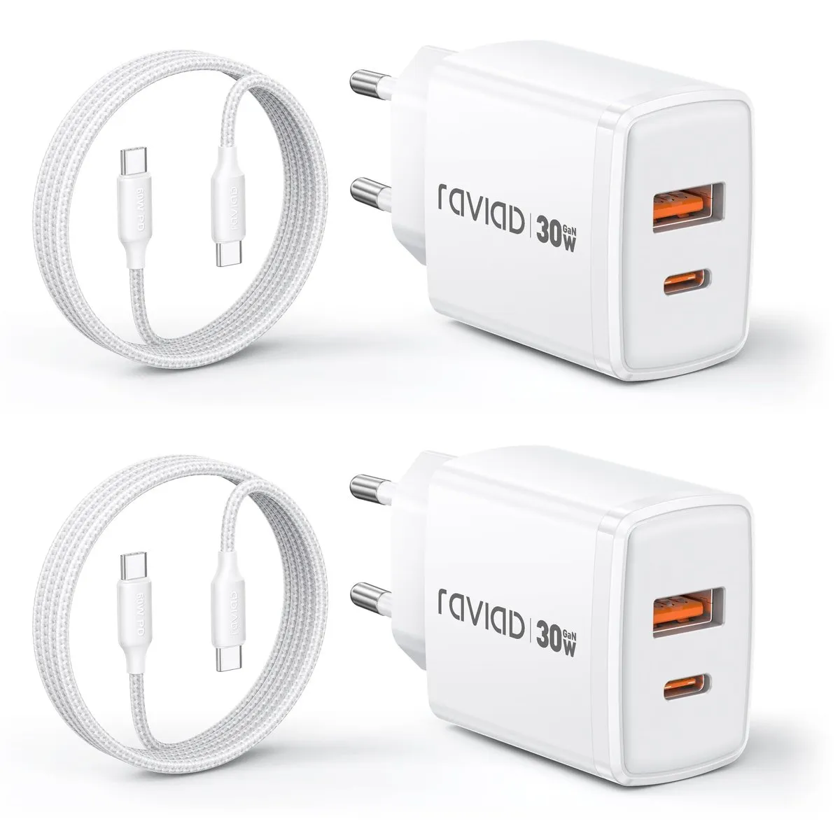 Pack 2 Cargadores USB C 30W GaN con 2 Cables USB C 2M