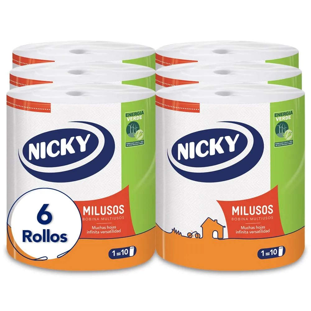 Pack 6 Rollos Papel Cocina Jumbo Nicky Milusos 300 Hojas