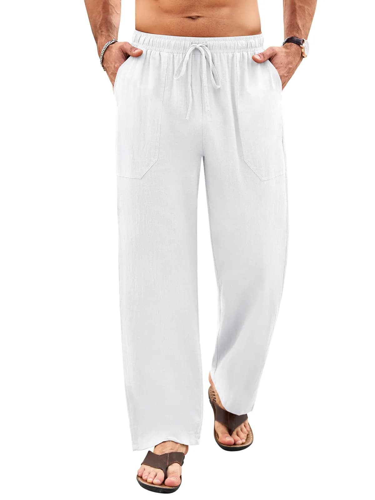 Litthing Pantalones de Lino y Algodón para Hombre (Blanco)