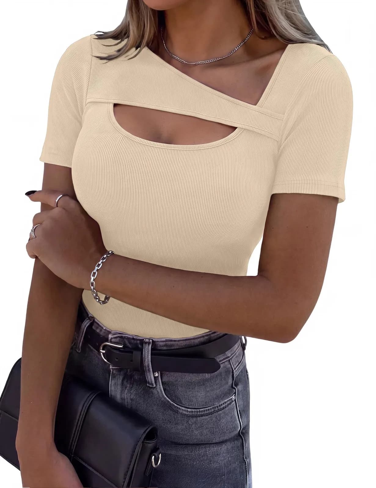 Aottori Camiseta Manga Corta Acanalada para Mujer