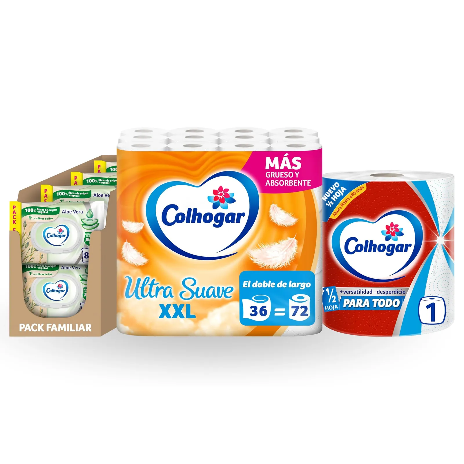 Lote Papel Higiénico y Cocina Colhogar Suave XXL + Toallitas Aloe Vera
