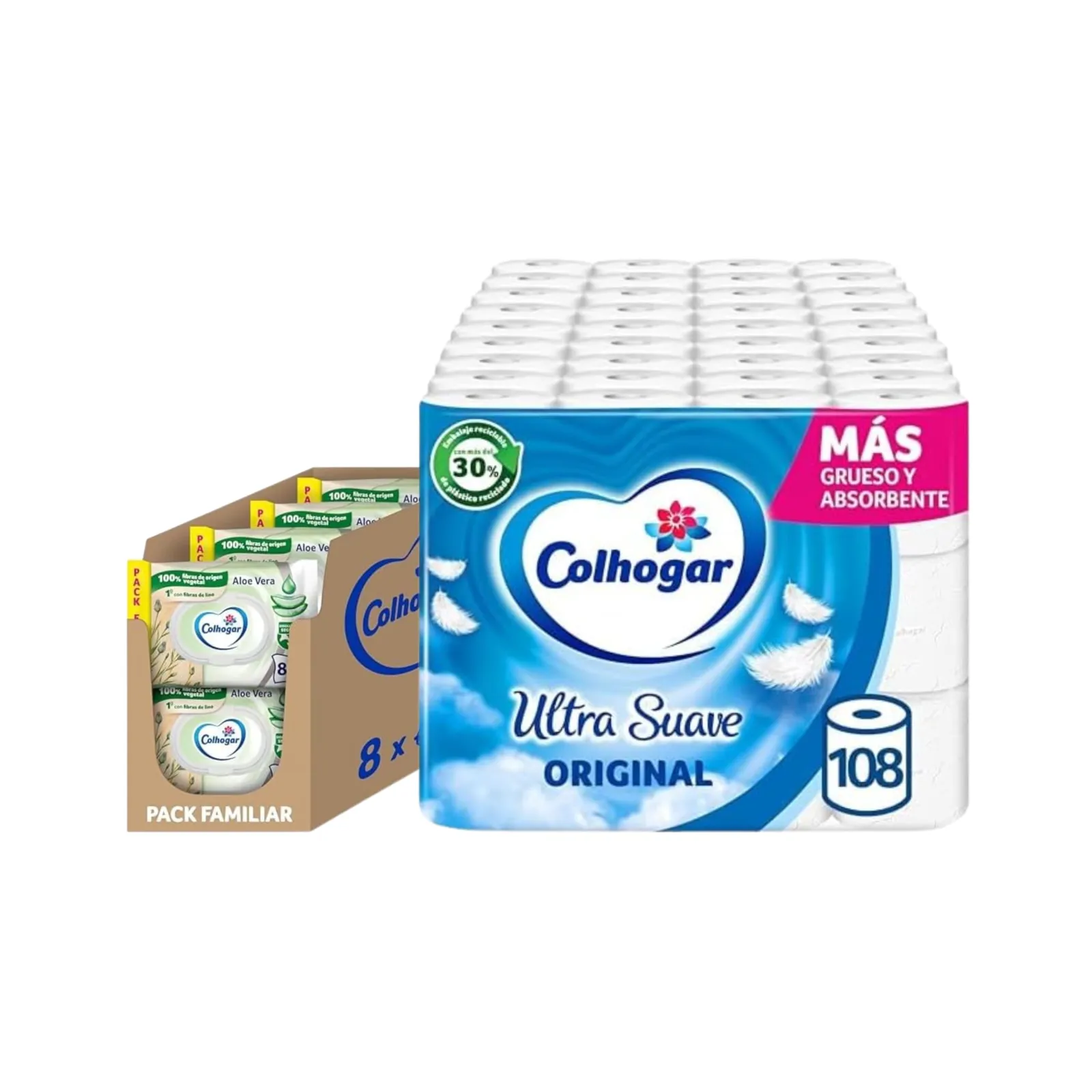 Pack Colhogar Ultra Suave: 108 Rollos Papel Higiénico + 640 Toallitas Húmedas Aloe