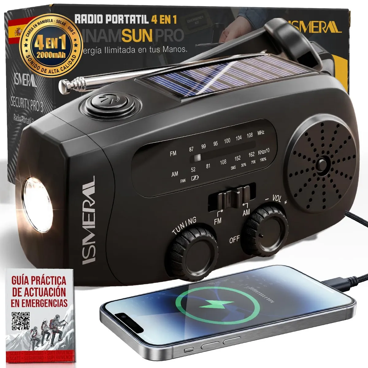 Radio de emergencia solar AM/FM negra, 2000 mAh, manivela y linterna LED