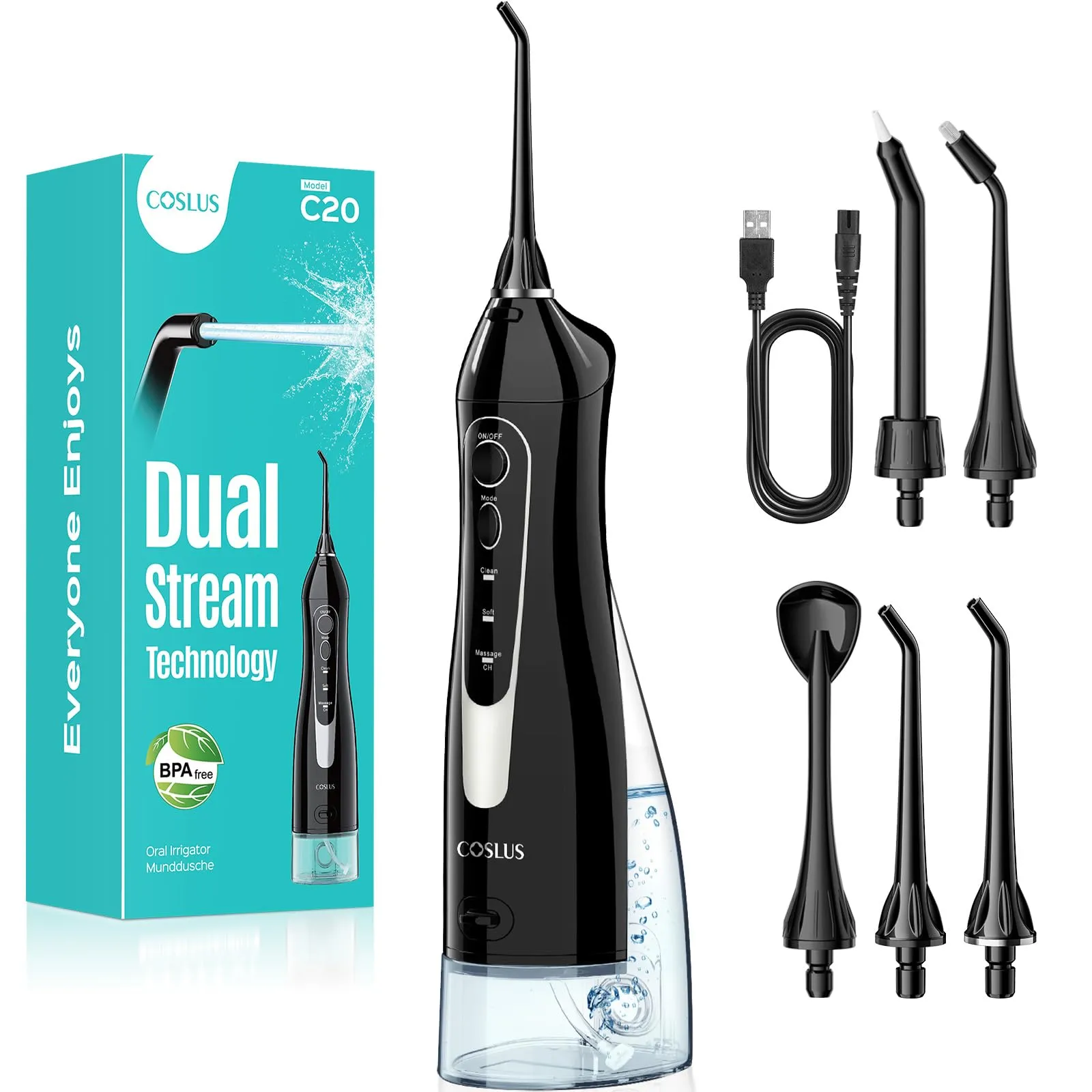 Irrigador Bucal Portátil COSLUS C20, 300ML, Inalámbrico, Doble Chorro, IPX7