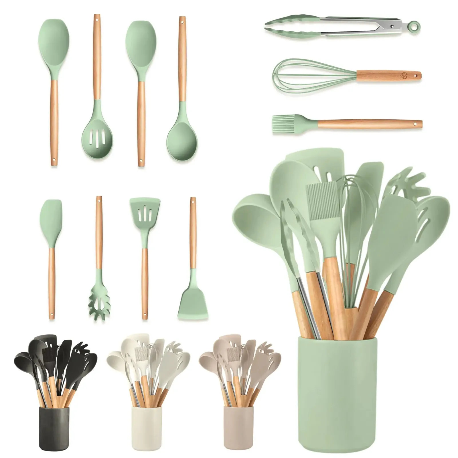 Set 12 Utensilios Cocina Relaxty Silicona y Madera