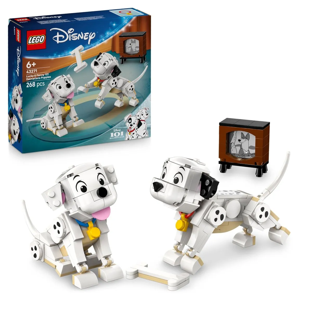 LEGO Disney 43211 Lucky y Penny 101 Dálmatas (268 piezas, cachorros articulados, +6 años)