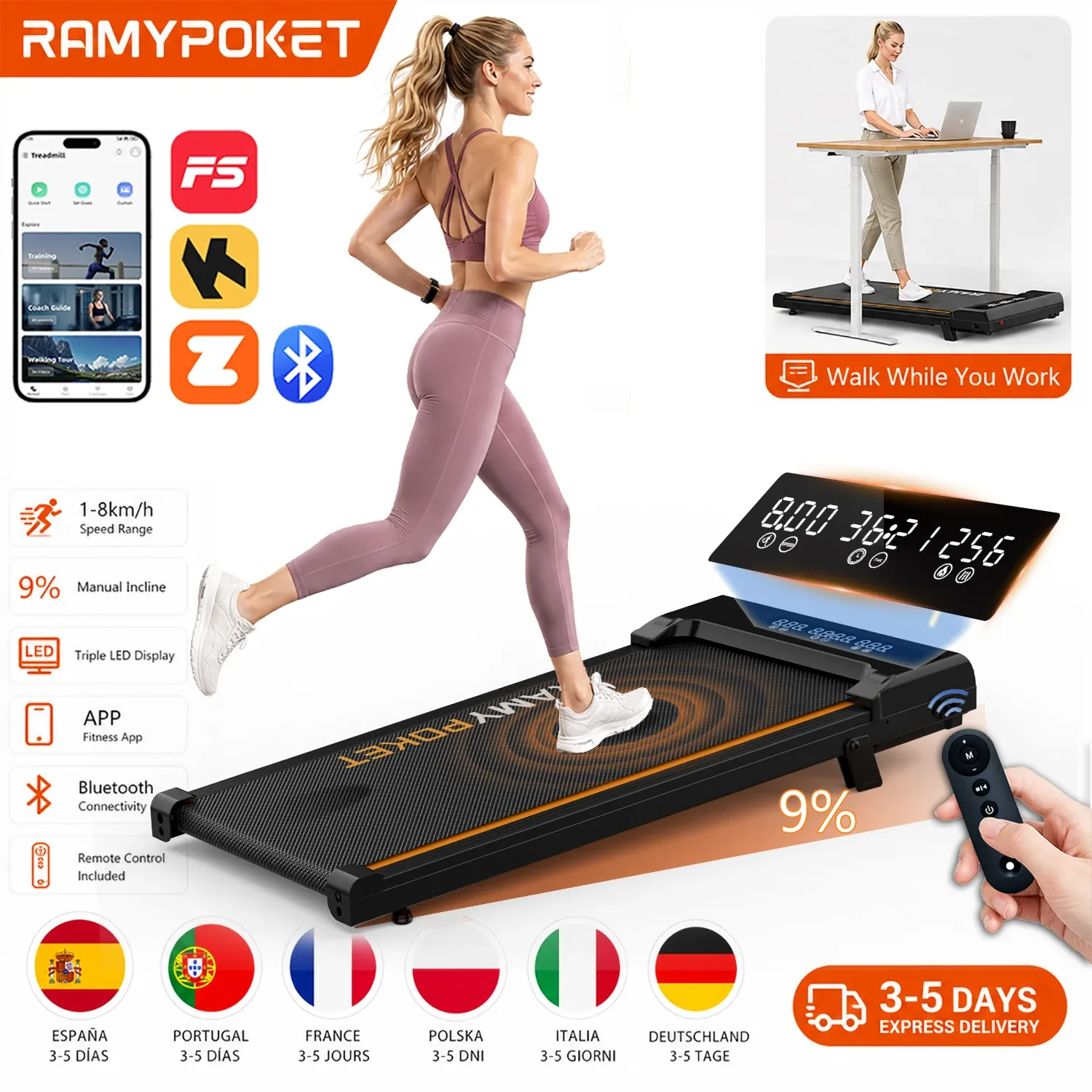 RAMYPOKET Cinta de Correr Plegable con Inclinación hasta 9%